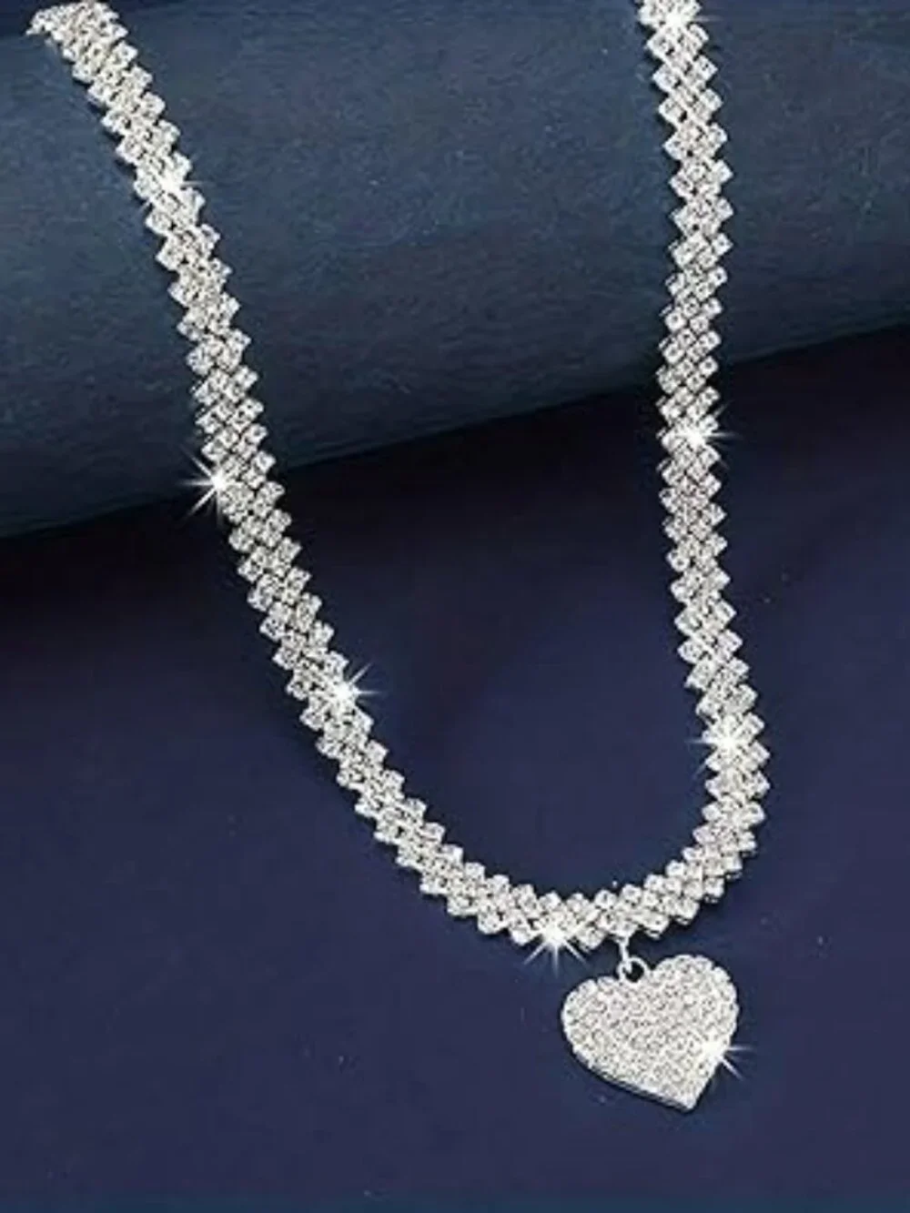 Silver Rhinestone Heart Necklace‎ Adjustable Bling Statement Jewelry